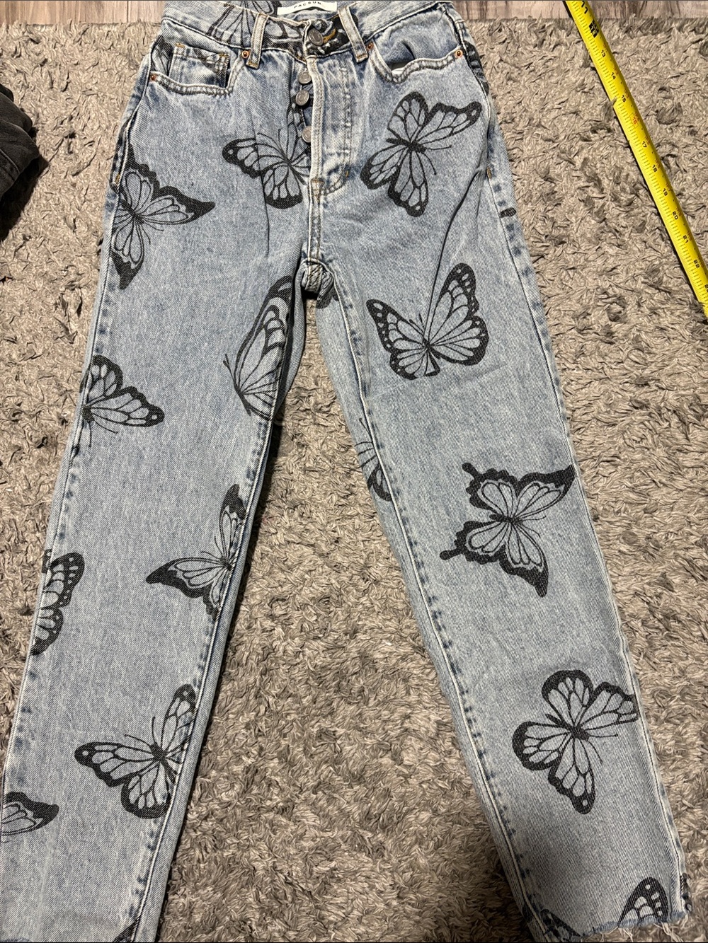 PacSun Light Wash Straight Leg Jeans with Black Butterfly Print (Size 22)